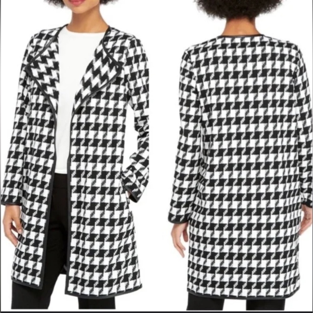 The Limited Black White Trench Coat Houndstooth Pattern Leather Trim w/ Pockets